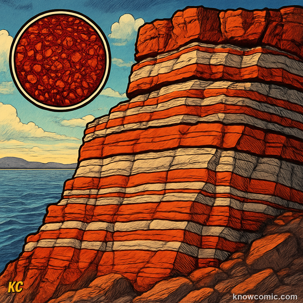 Banded iron formation of red and orange rust rocks proving ancient oxygen production