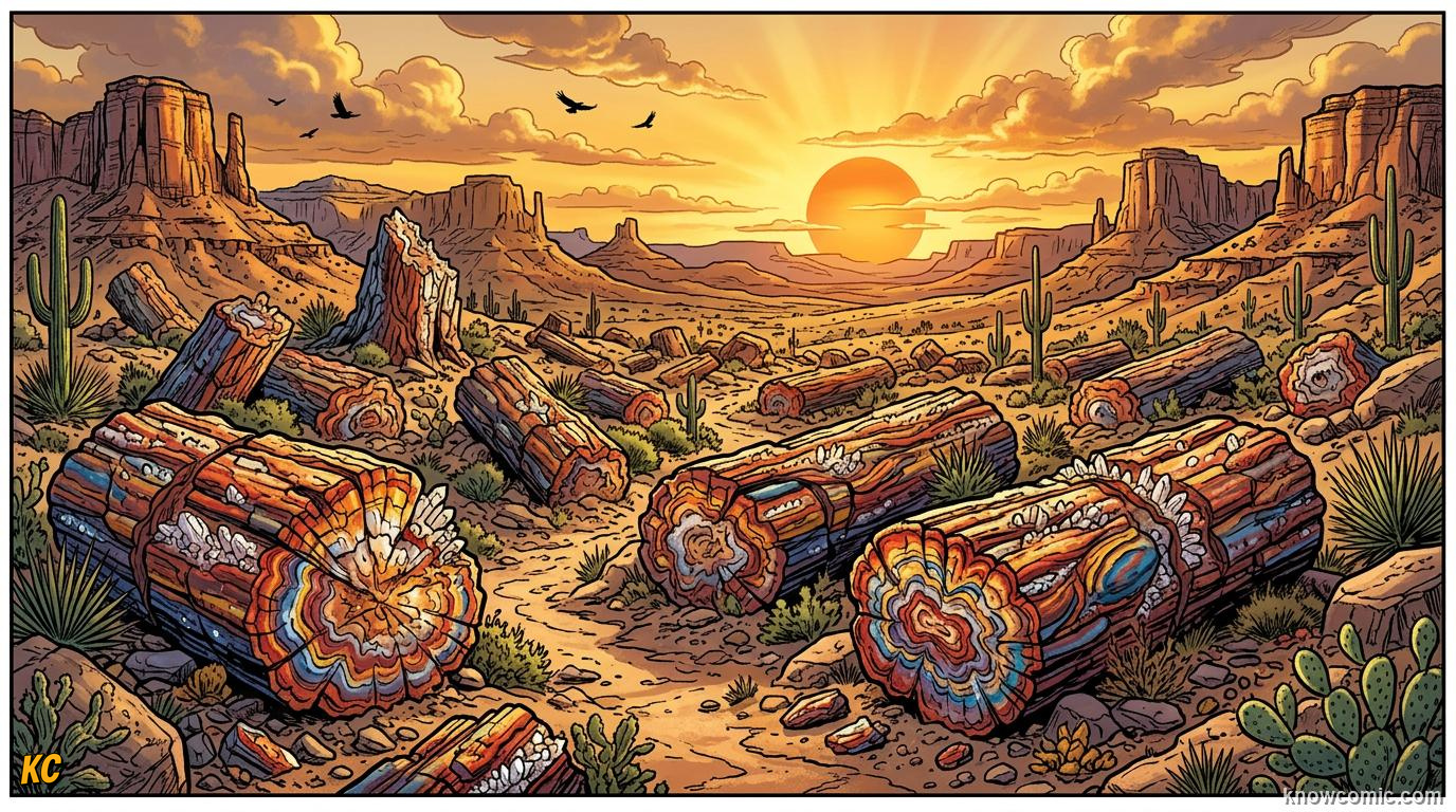 Comic panel about plant fossils and deep time: Rocks Remember, educational kids illustration