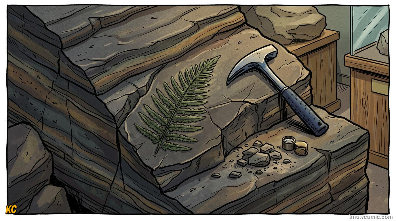 Comic panel about plant fossils and deep time: Buried Before Decay, educational kids illustration