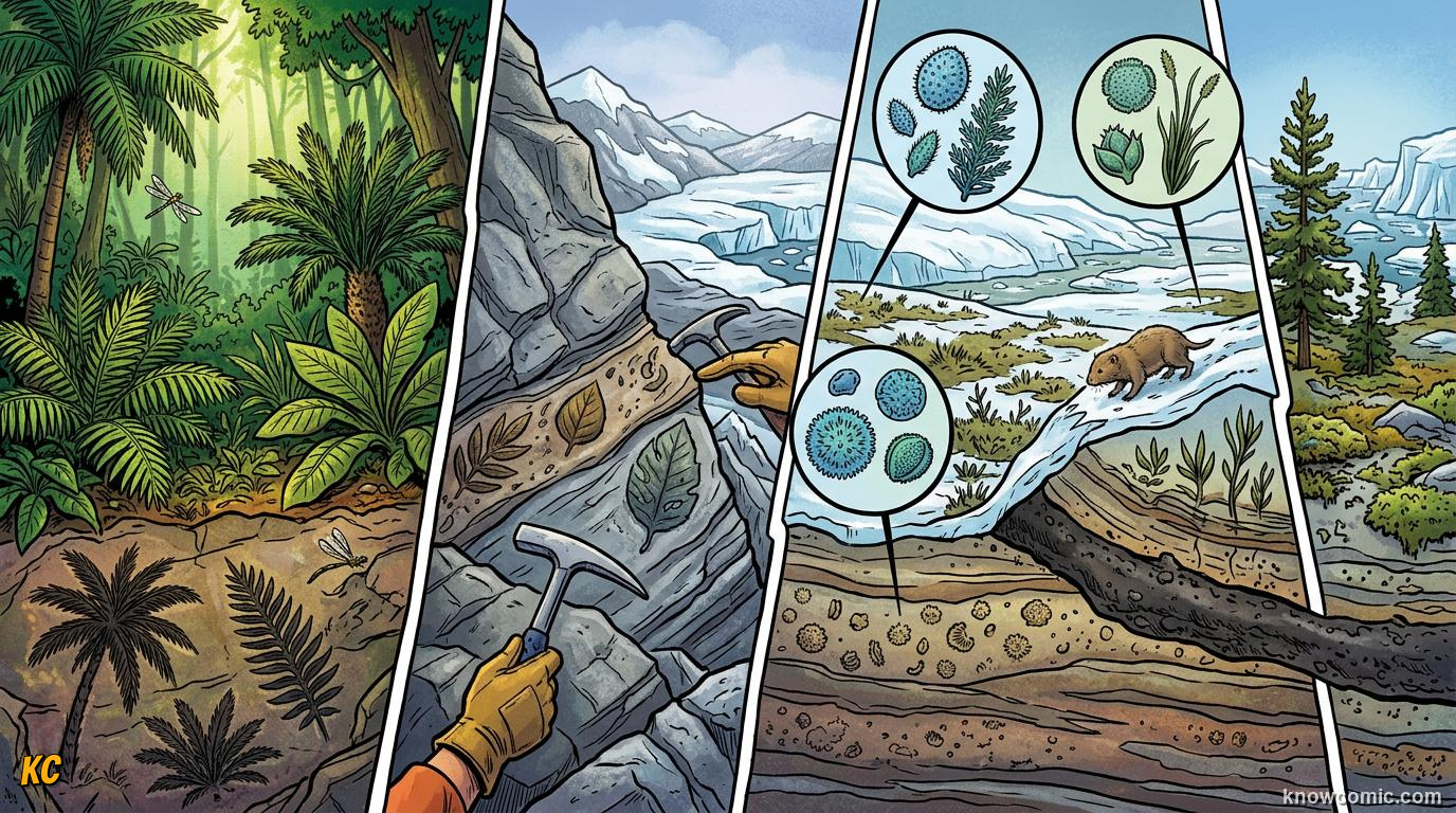 Comic panel about plant fossils and deep time: When Wood Turns To Crystal, Climate Detectives, educational kids illustration