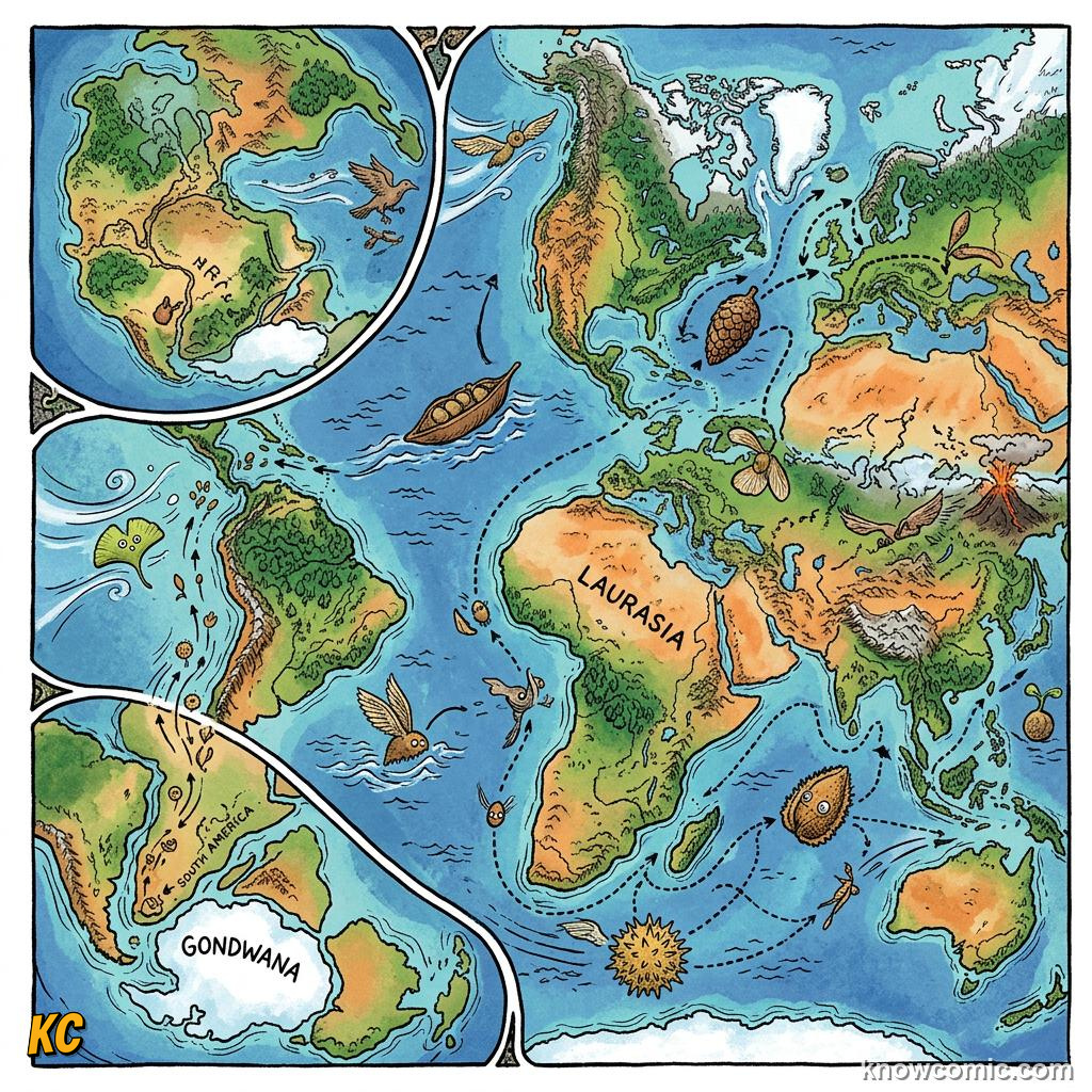 Comic panel about plant fossils and deep time: Fossils Reveal Ancient Weather, Pollen Power, educational kids illustration