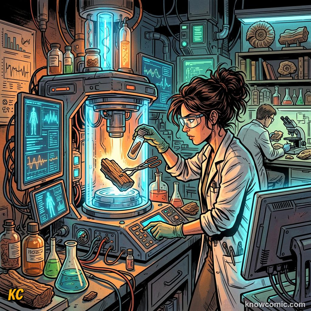 Comic panel about plant fossils and deep time: Leaf Impressions, educational kids illustration