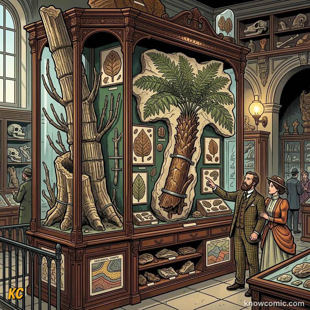 Comic panel about plant fossils and deep time: Extinction Layers, educational kids illustration