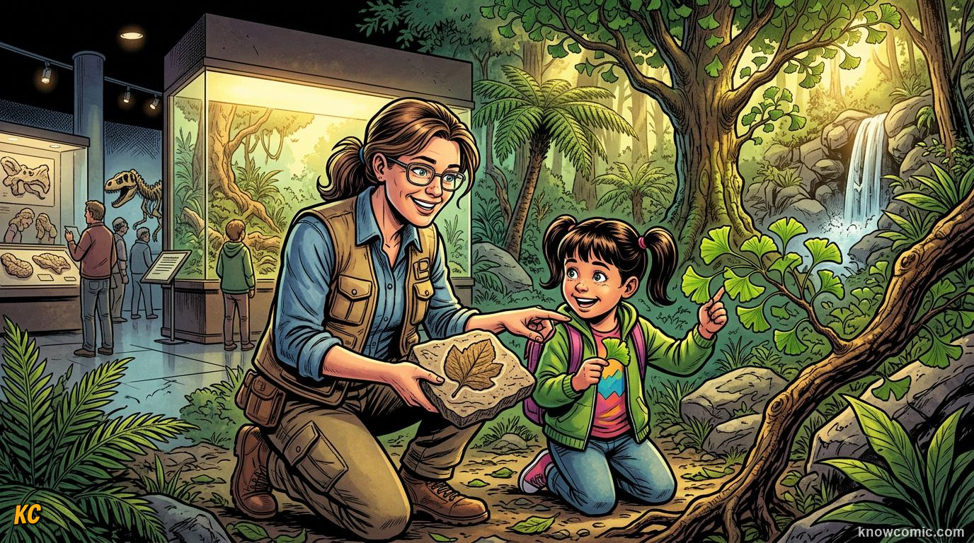 Comic panel about plant fossils and deep time: Fossils Still Matter, educational kids illustration