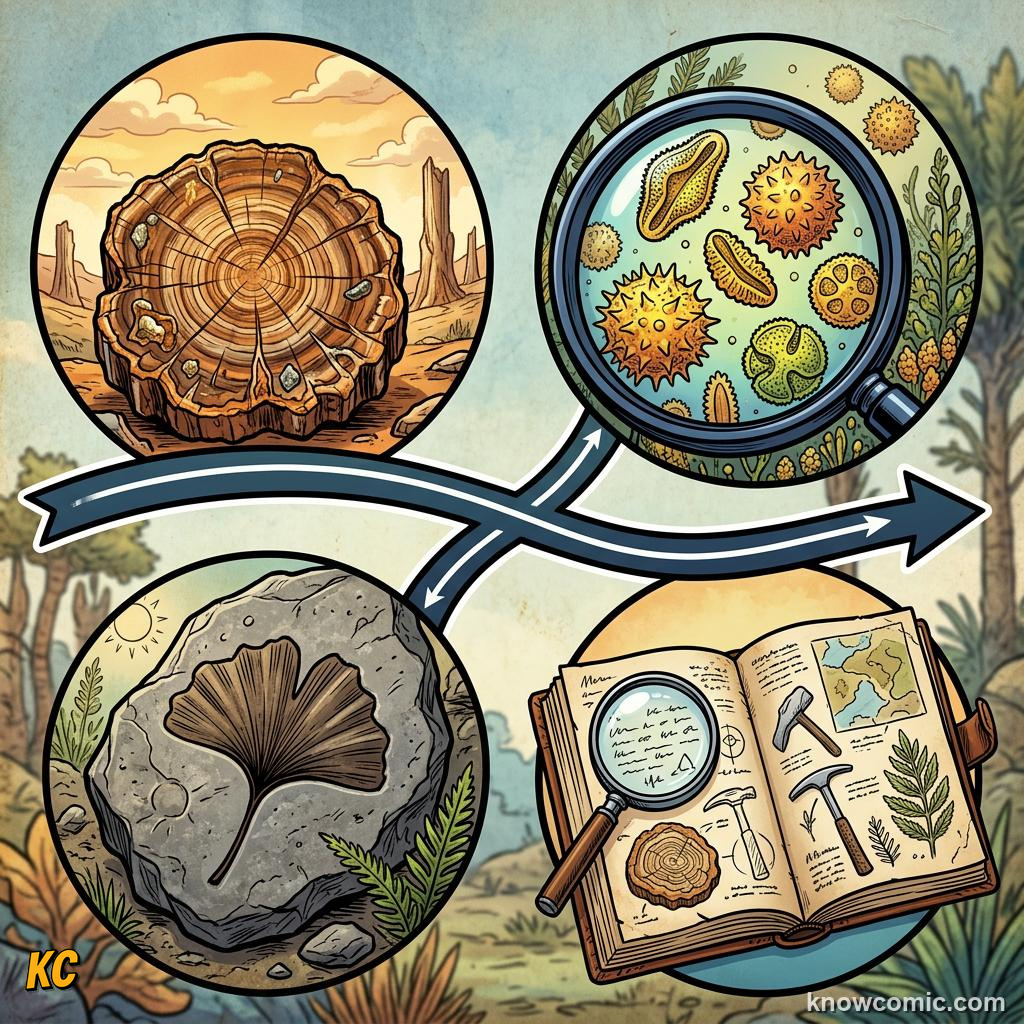 Comic panel about plant fossils and deep time: Plants Wrote Earth'S Story In Rock, What Fossils Teach, educational kids illustration