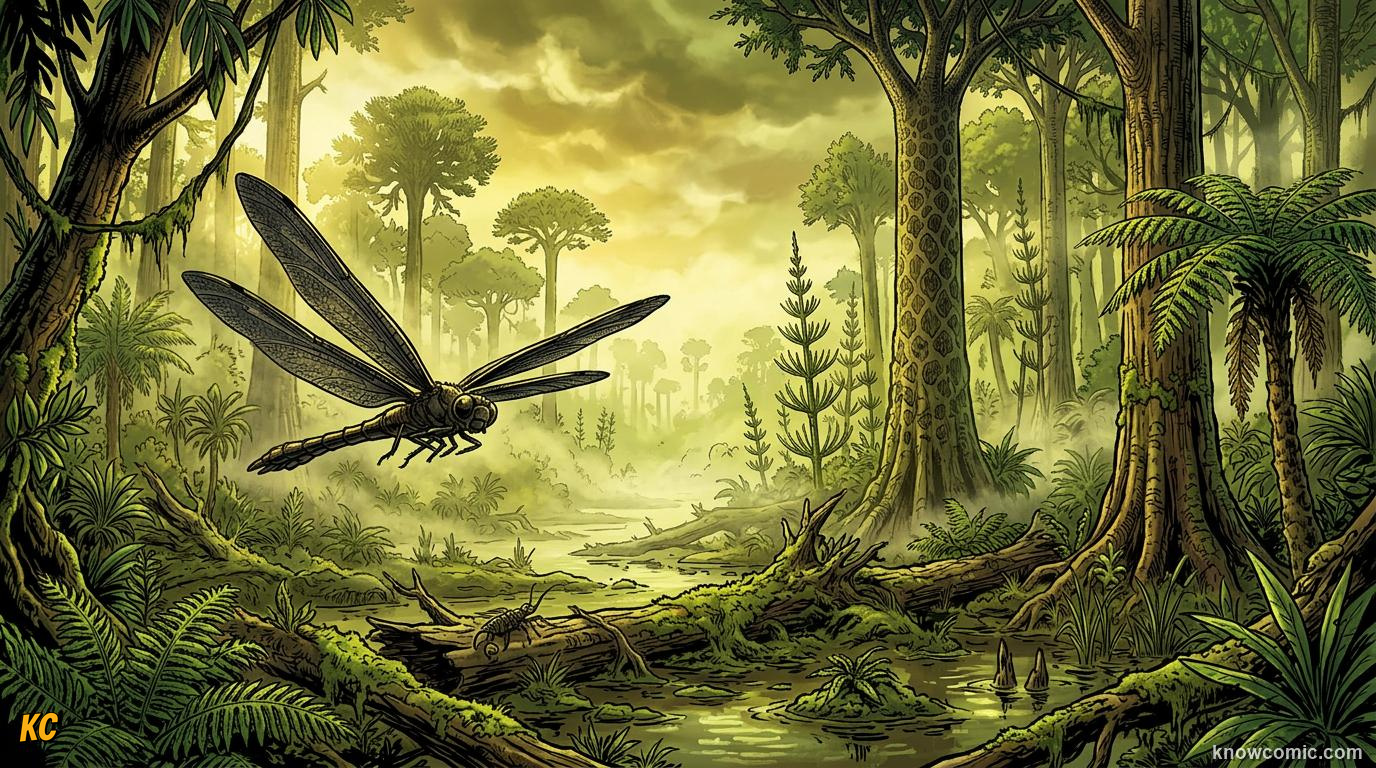 Comic panel about Carboniferous oxygen and giant insects: Supercharged Air, educational kids illustration