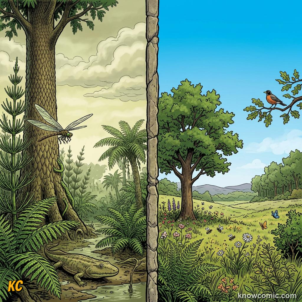 Comic panel about Carboniferous oxygen and giant insects: When Earth'S Air Was Thick With Oxygen, Then Vs Now, educational kids