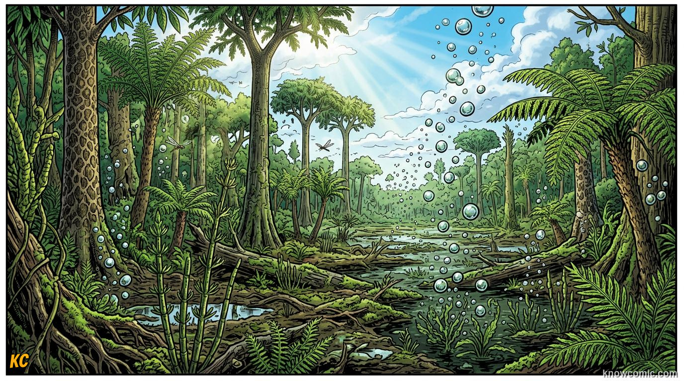 Comic panel about Carboniferous oxygen and giant insects: Forests Made The Spike, educational kids illustration