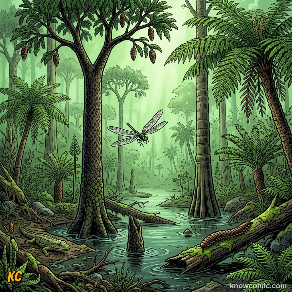 Comic panel about Carboniferous oxygen and giant insects: Why Plants Matter For This Story, Swamp Forests, educational kids illustration