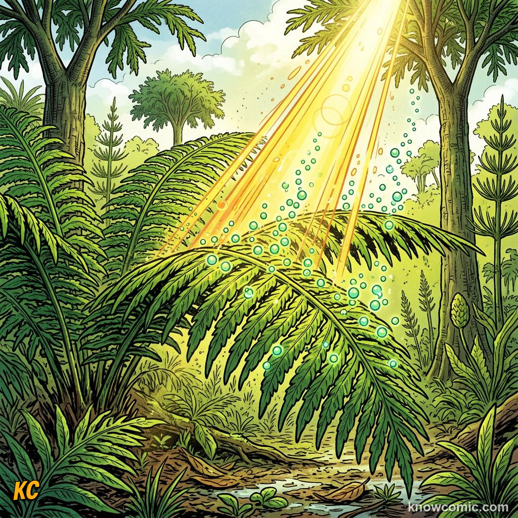 Comic panel about Carboniferous oxygen and giant insects: Why Plants Matter For This Story, O₂ Output, educational kids illustration