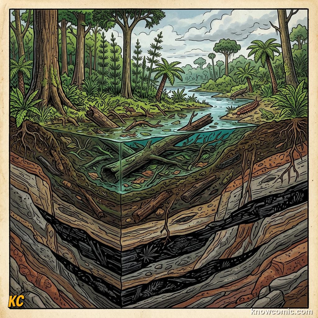 Comic panel about Carboniferous oxygen and giant insects: Coal Trap, educational kids illustration