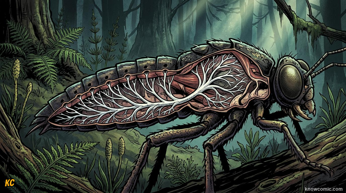 Comic panel about Carboniferous oxygen and giant insects: Insect Respiration, educational kids illustration