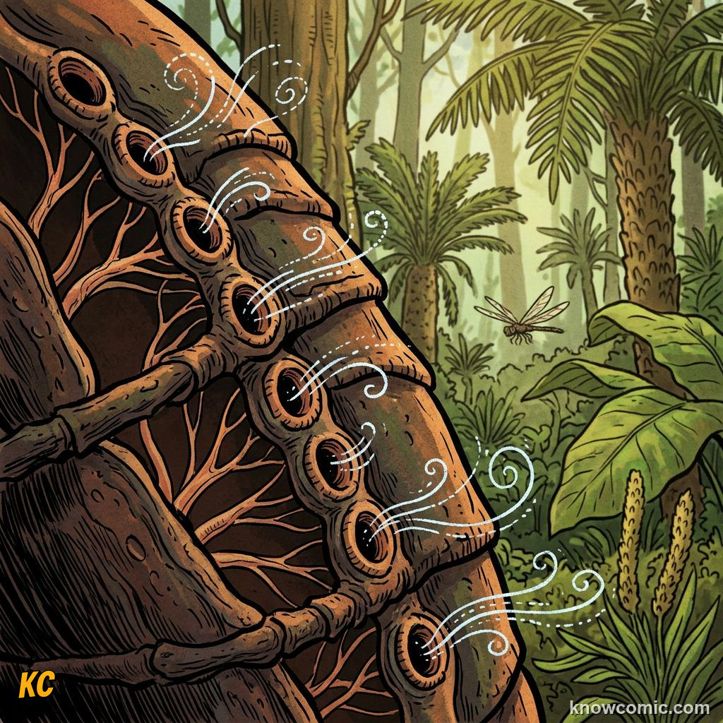Comic panel about Carboniferous oxygen and giant insects: Spiracles, educational kids illustration