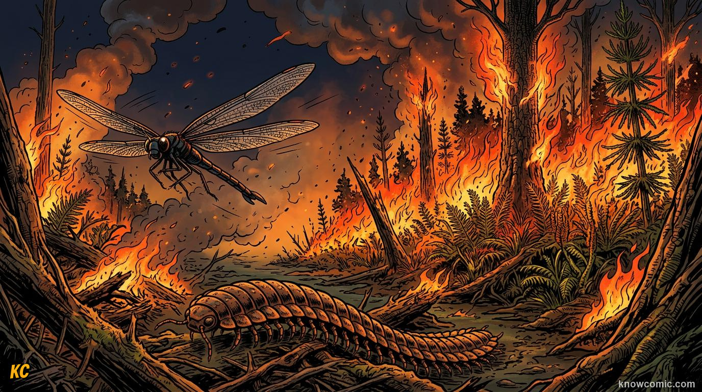 Comic panel about Carboniferous oxygen and giant insects: Spiracles &Amp; Tracheae, Not Lungs, Oxygen Sets The Ceiling, educational kids illustration