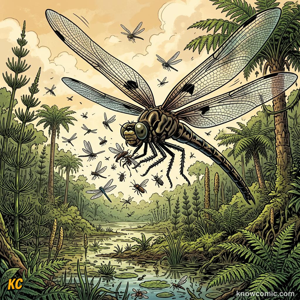 Comic panel about Carboniferous oxygen and giant insects: Meganeura, educational kids illustration