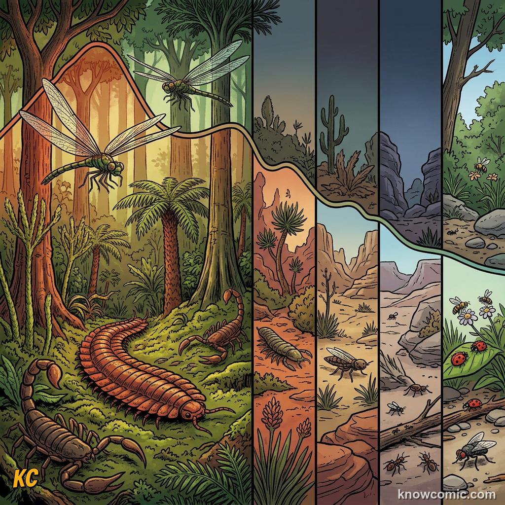 Comic panel about Carboniferous oxygen and giant insects: O₂ Decline, educational kids illustration