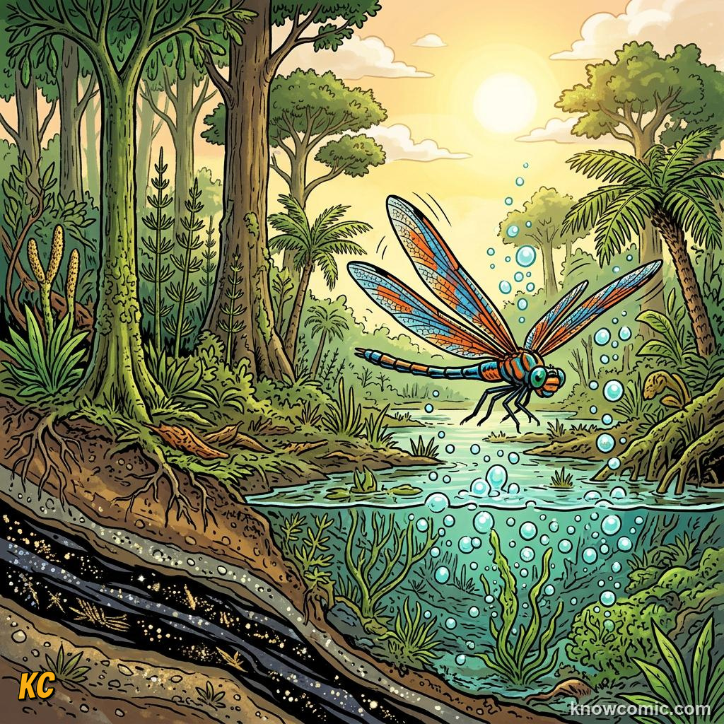 Comic panel about Carboniferous oxygen and giant insects: Plants Changed The Atmosphere Twice, Takeaways, educational kids illustration