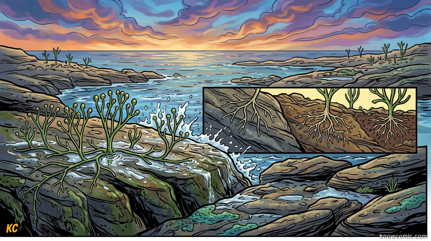 Comic panel about how land plants evolved roots: The Rootless Beginning, educational kids illustration