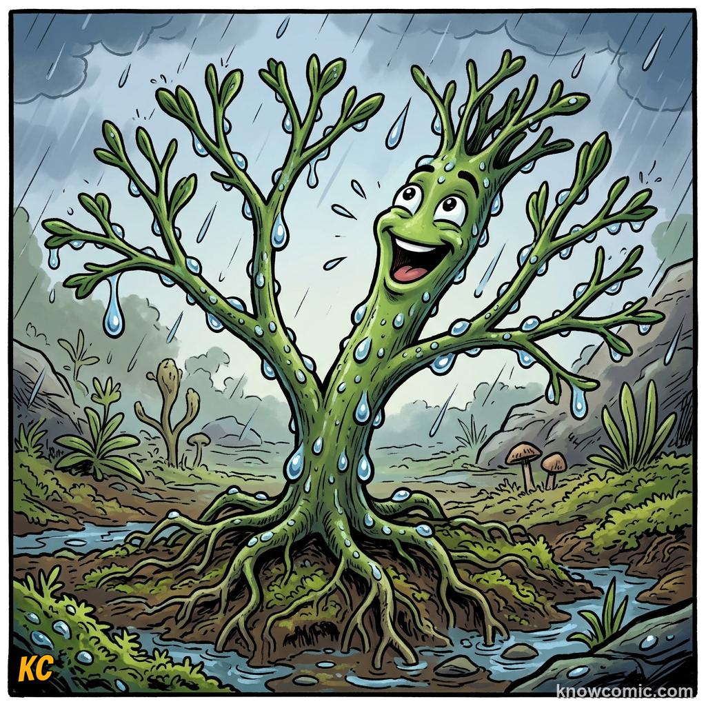 Comic panel about how land plants evolved roots: When Plants First Stepped Onto Land, Whole-Body Drinking, educational kids illustration