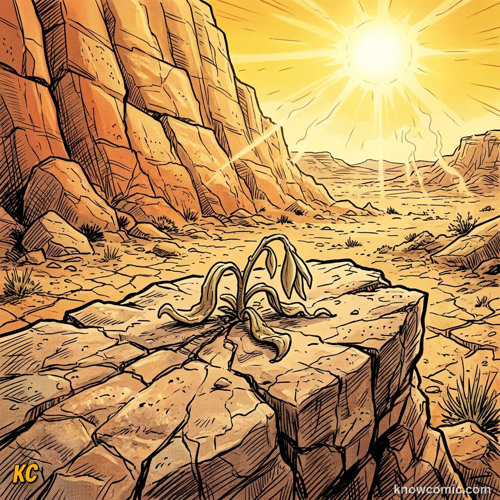 Comic panel about how land plants evolved roots: Dry-Land Challenge, educational kids illustration