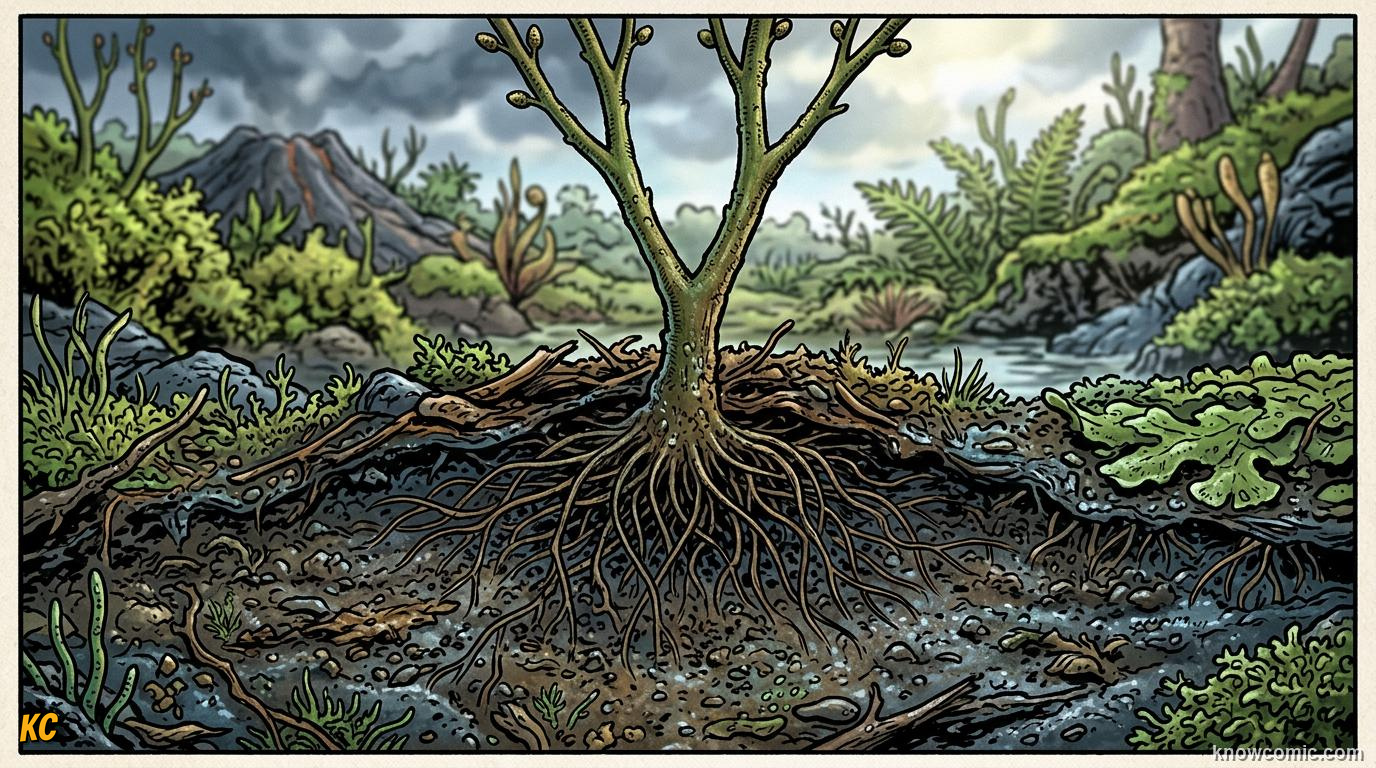 Comic panel about how land plants evolved roots: Before True Roots, educational kids illustration