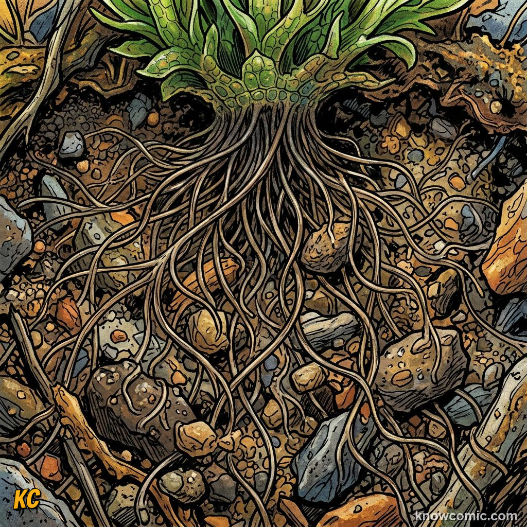 Comic panel about how land plants evolved roots: Rhizoids: Hair-Like Holding Strands, Hair-Thin, educational kids illustration