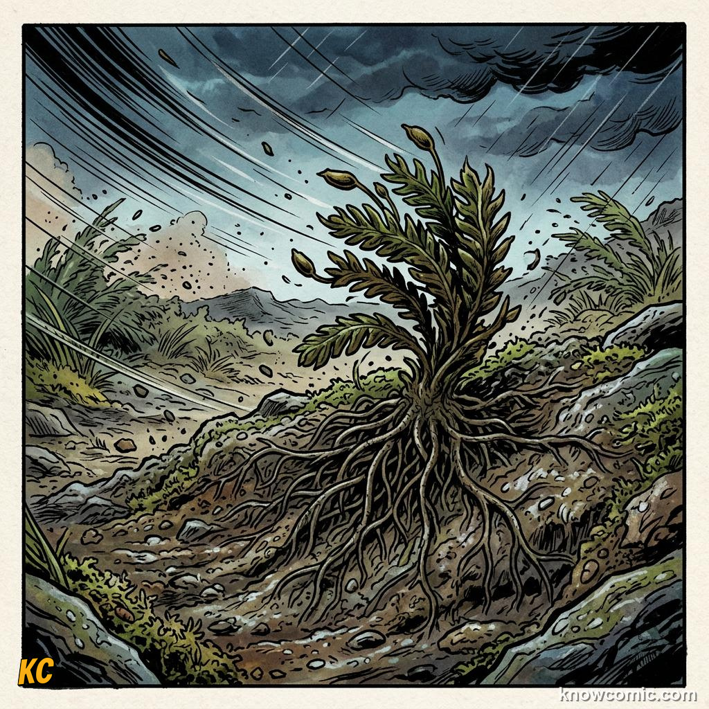 Comic panel about how land plants evolved roots: Rhizoids: Hair-Like Holding Strands, Anchorage, educational kids illustration