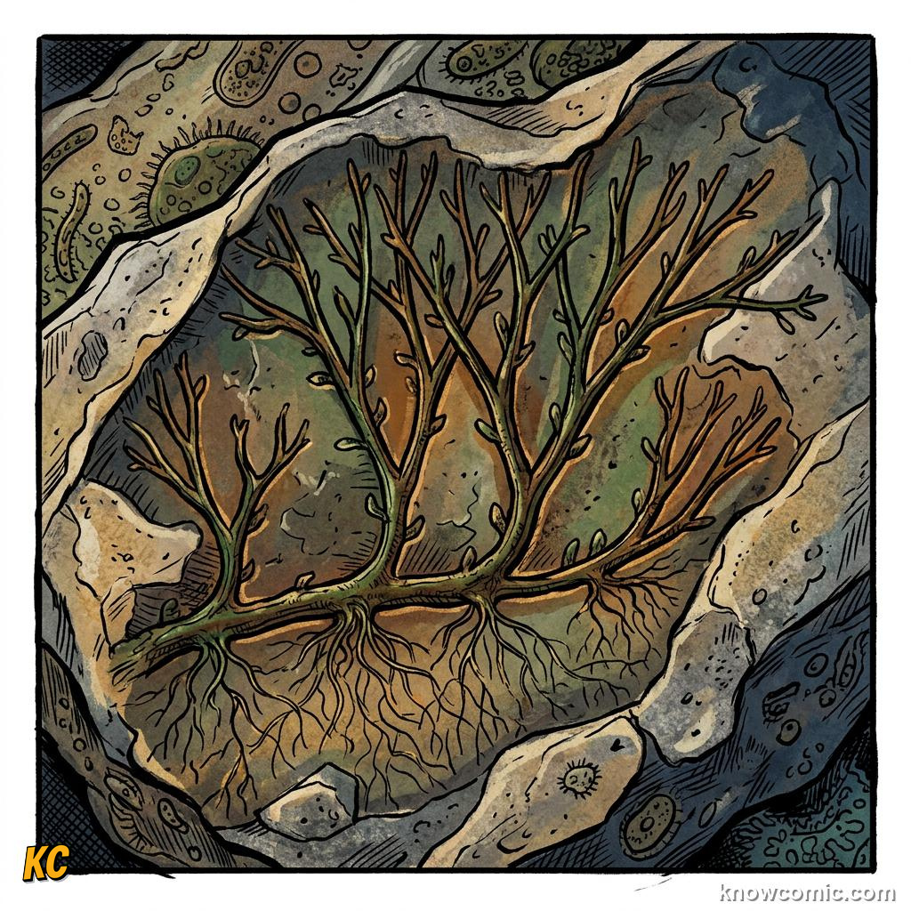 Comic panel about how land plants evolved roots: Fossil Proof, educational kids illustration