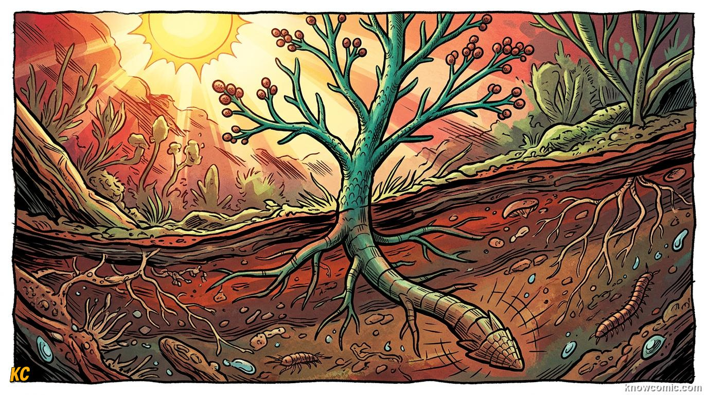 Comic panel about how land plants evolved roots: Devonian Breakthrough, educational kids illustration