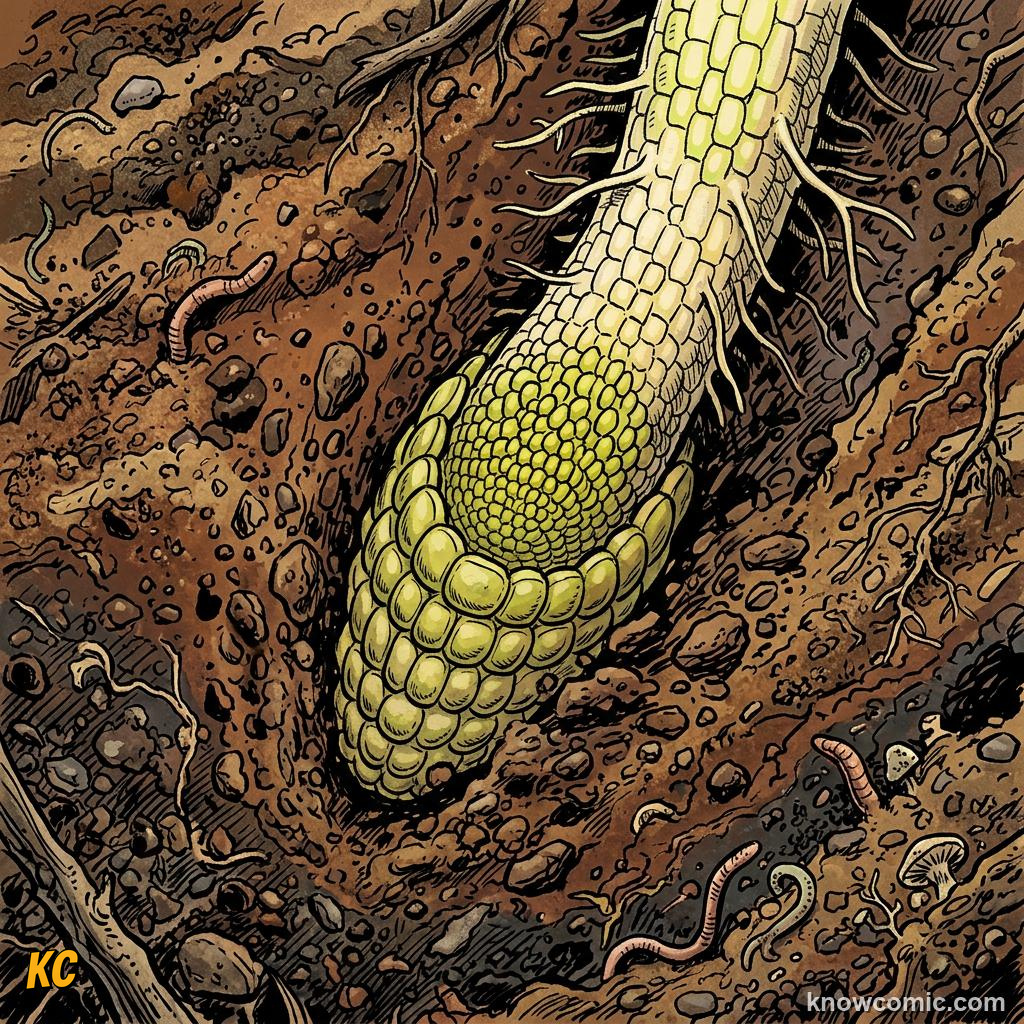 Comic panel about how land plants evolved roots: Root Cap, educational kids illustration