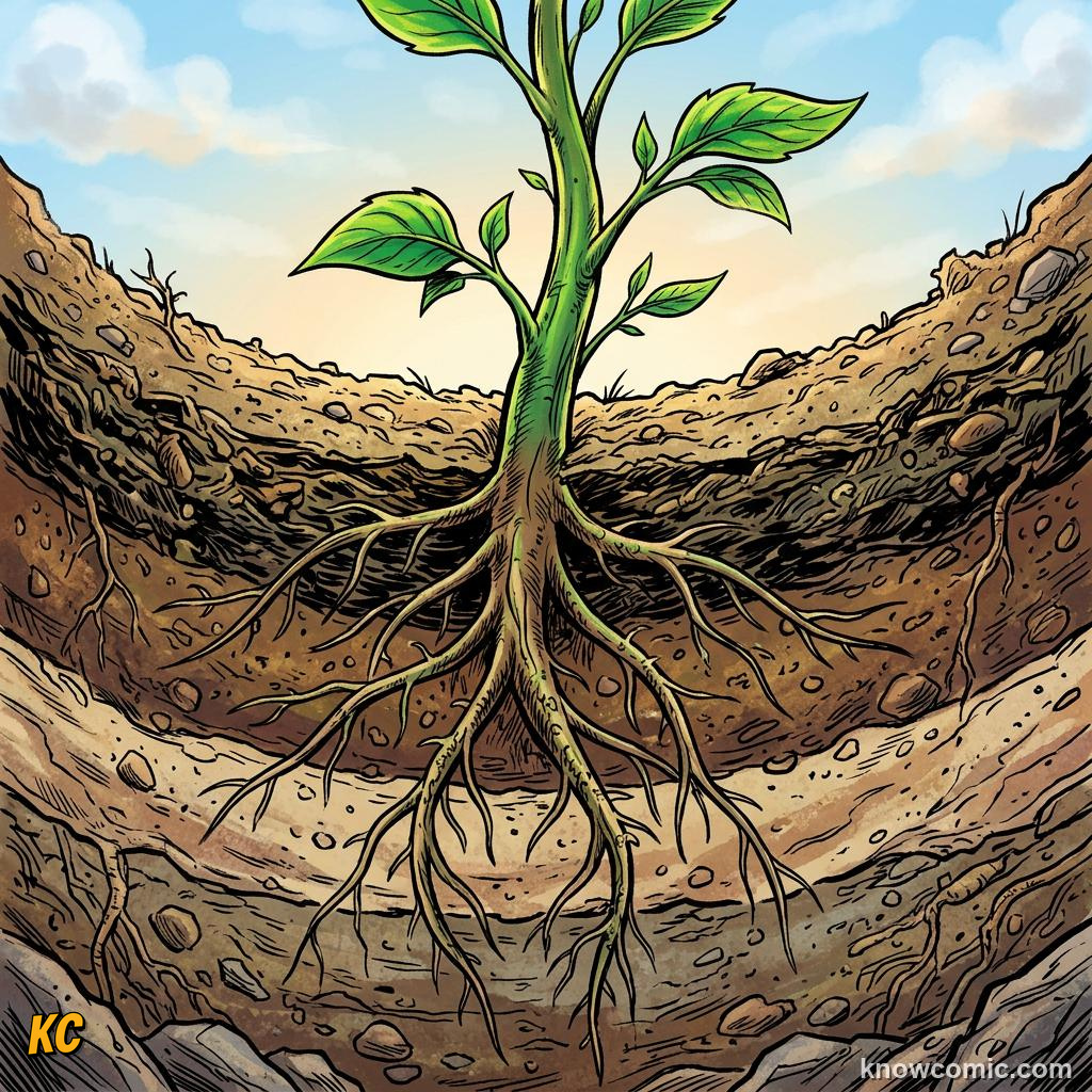 Comic panel about how land plants evolved roots: Growing Down, educational kids illustration