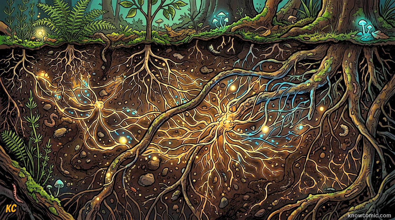 Comic panel about how land plants evolved roots: Real Roots Arrive In The Devonian, Mycorrhizae, educational kids illustration
