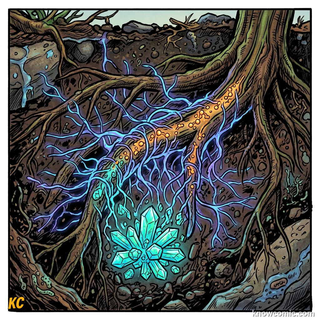 Comic panel about how land plants evolved roots: Plants And Fungi, Teaming Up, Nutrient Swap, educational kids illustration