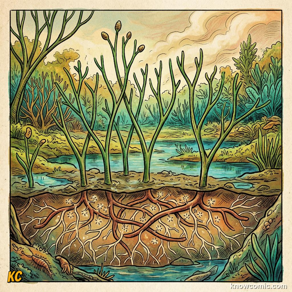 Comic panel about how land plants evolved roots: Ancient Team-Up, educational kids illustration