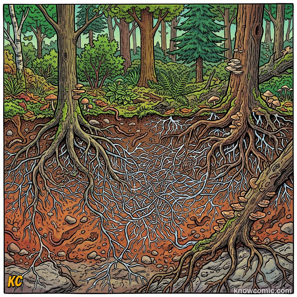 Comic panel about how land plants evolved roots: Forest Web, educational kids illustration