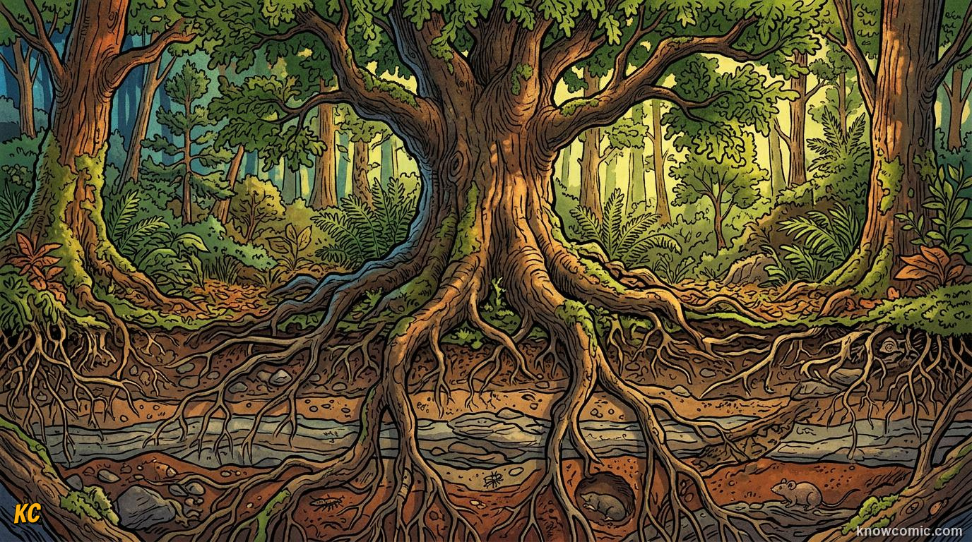 Comic panel about how land plants evolved roots: From Ancient Trick To Forest Engine, educational kids illustration