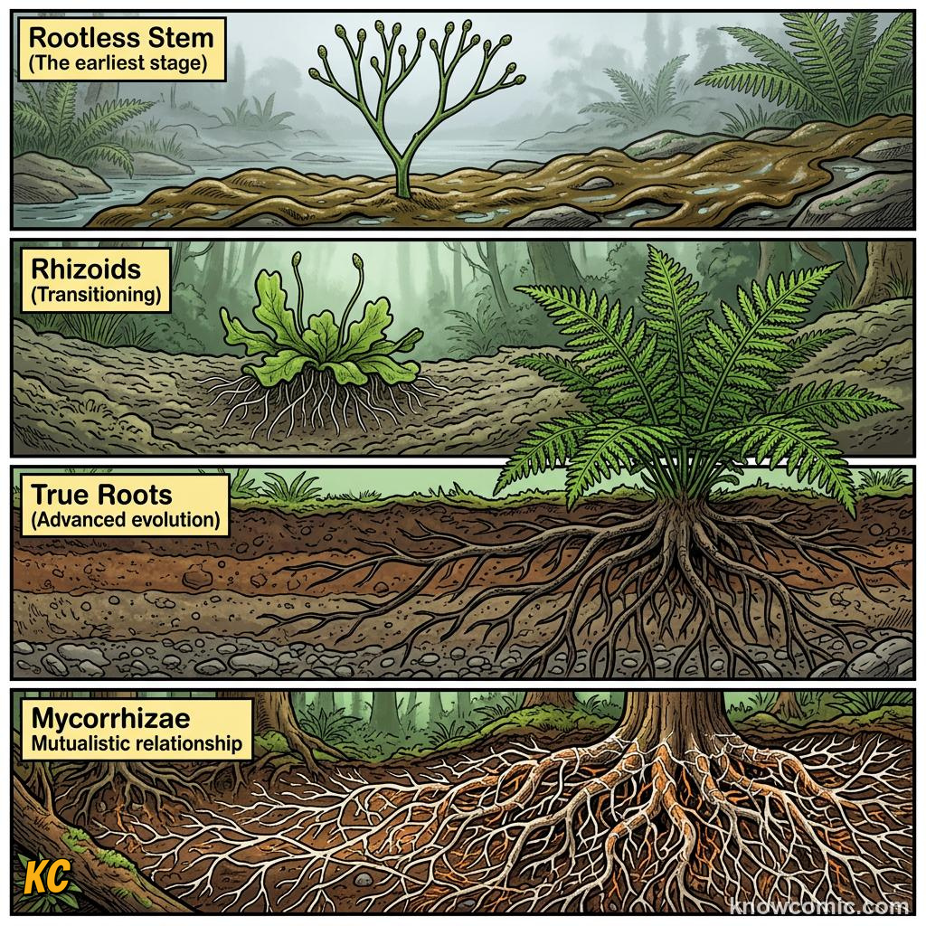 Comic panel about how land plants evolved roots: Roots Built The Green World, Takeaways, educational kids illustration