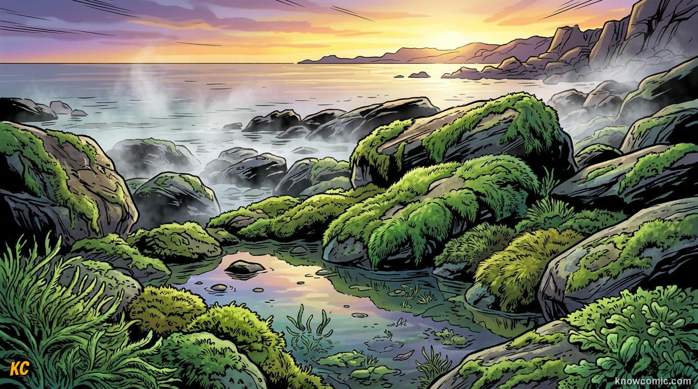 Comic panel about moss the ancient land pioneer: Land Pioneer, educational kids illustration