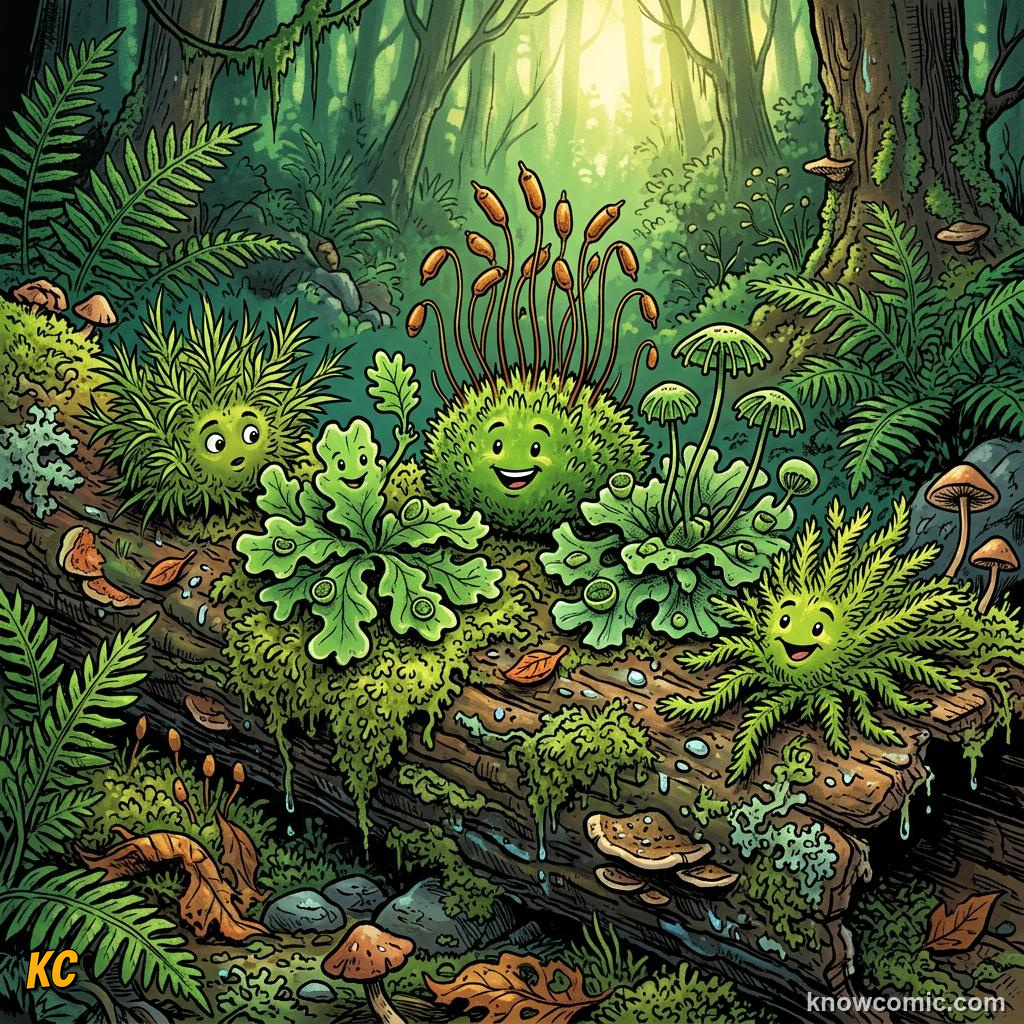 Comic panel about moss the ancient land pioneer: When Plants First Stepped Ashore, Bryophytes, educational kids illustration