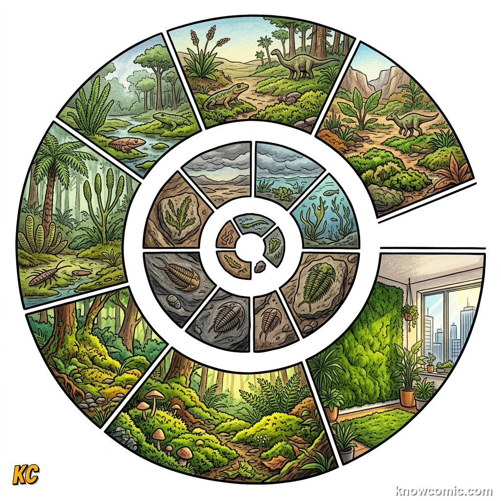 Comic panel about moss the ancient land pioneer: Deep Time, educational kids illustration