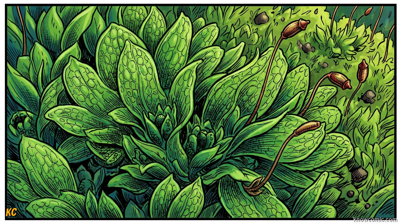 Comic panel about moss the ancient land pioneer: No Vascular Tissue, educational kids illustration