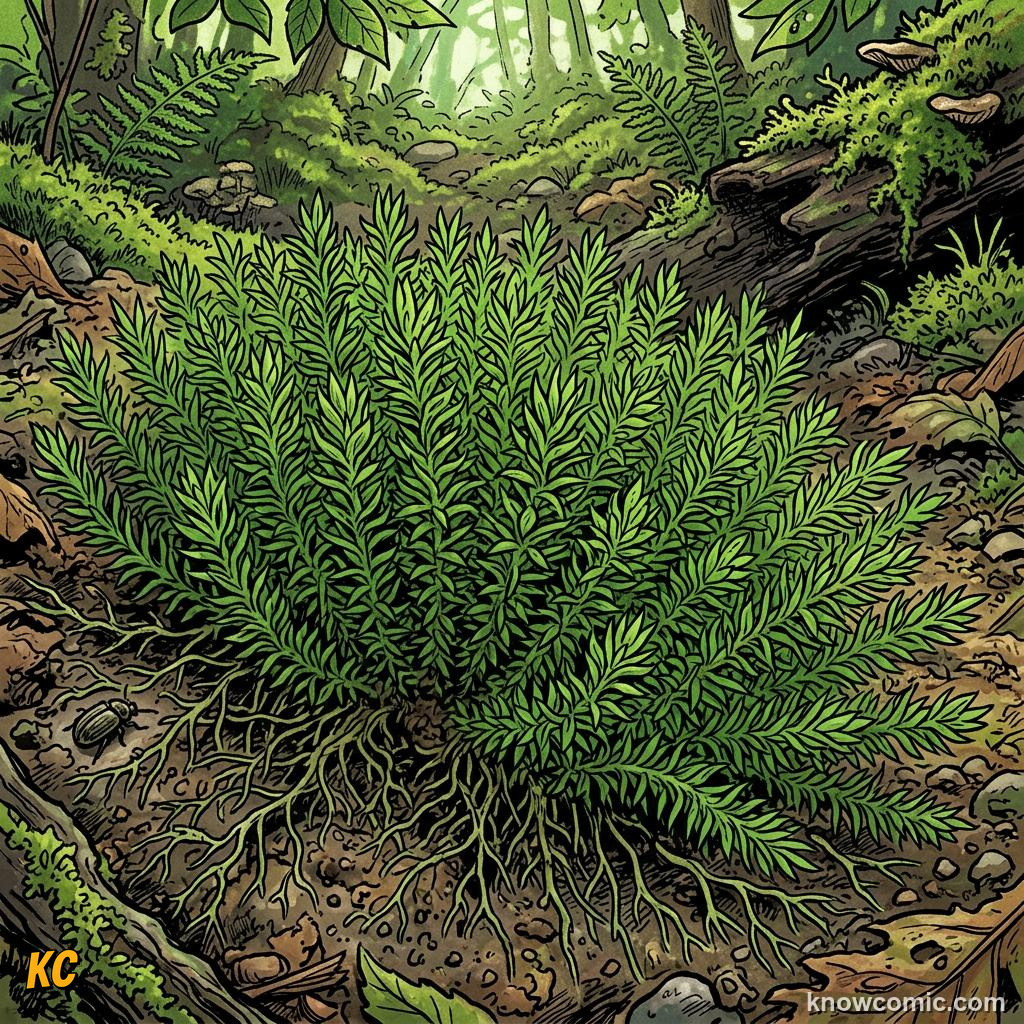 Comic panel about moss the ancient land pioneer: What Makes A Moss A Moss?, Gametophyte, educational kids illustration