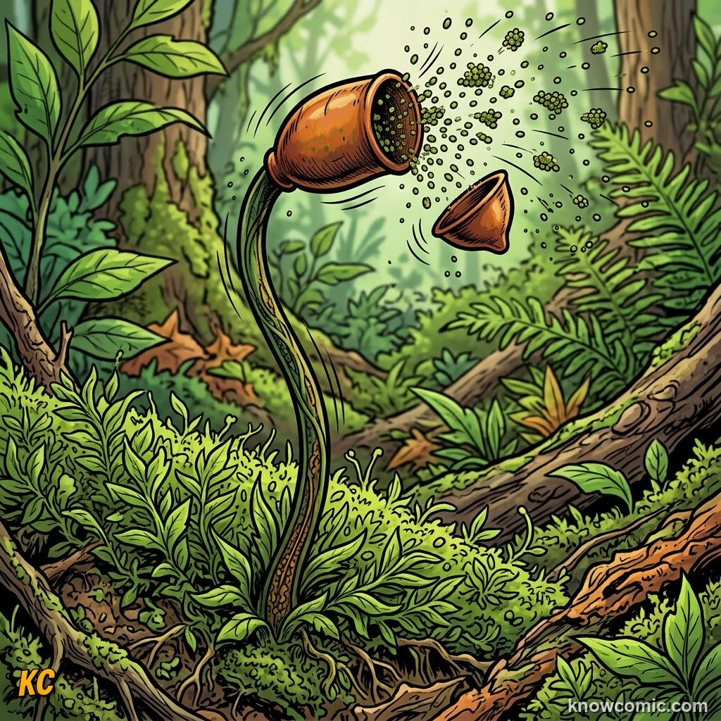 Comic panel about moss the ancient land pioneer: What Makes A Moss A Moss?, Sporophyte, educational kids illustration