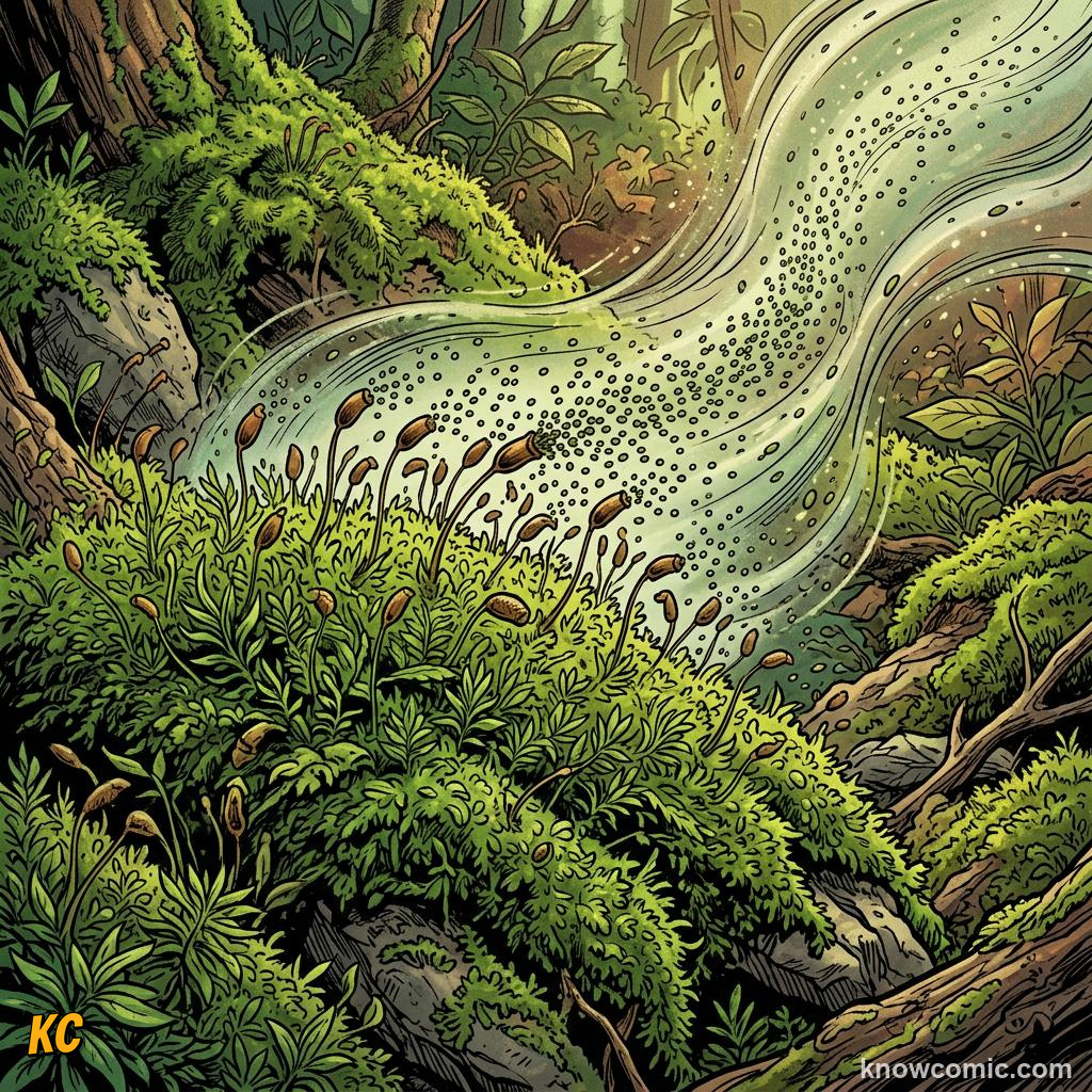 Comic panel about moss the ancient land pioneer: No Seeds, educational kids illustration