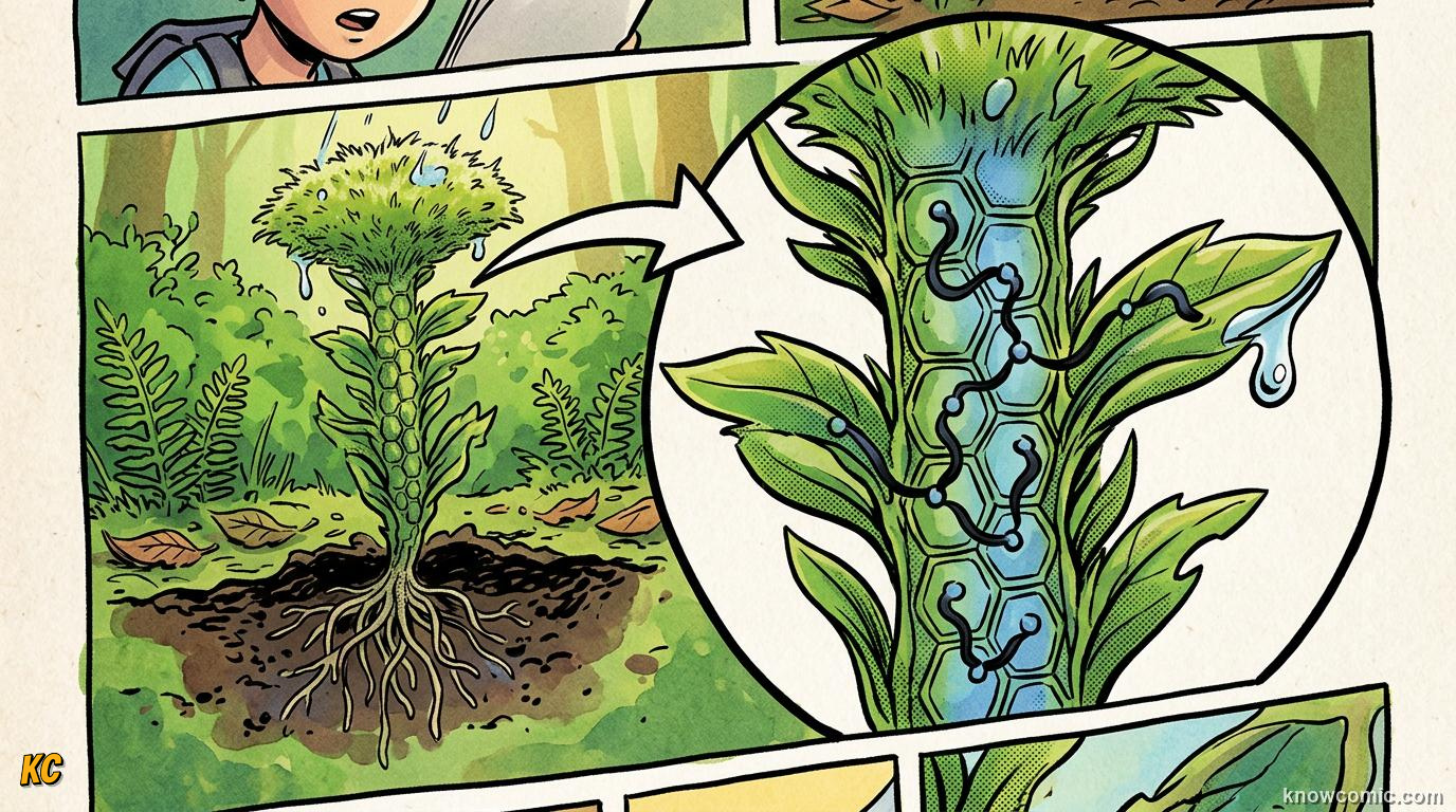 Comic panel about moss the ancient land pioneer: No Pipes, No Height, educational kids illustration
