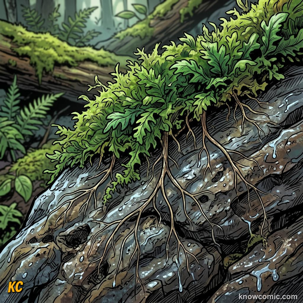 Comic panel about moss the ancient land pioneer: Rhizoids, educational kids illustration