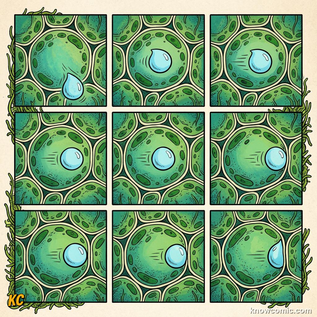 Comic panel about moss the ancient land pioneer: Diffusion, educational kids illustration