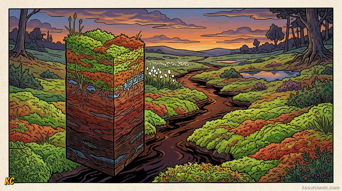 Comic panel about moss the ancient land pioneer: Living Without Vascular Tissue, Carbon Vault, educational kids illustration