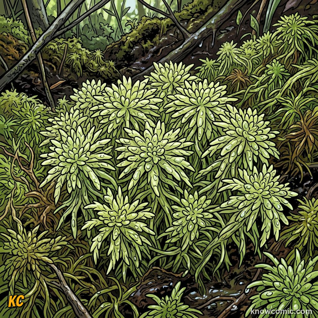 Comic panel about moss the ancient land pioneer: Peat Moss Builds A Carbon Bank, Sphagnum, educational kids illustration