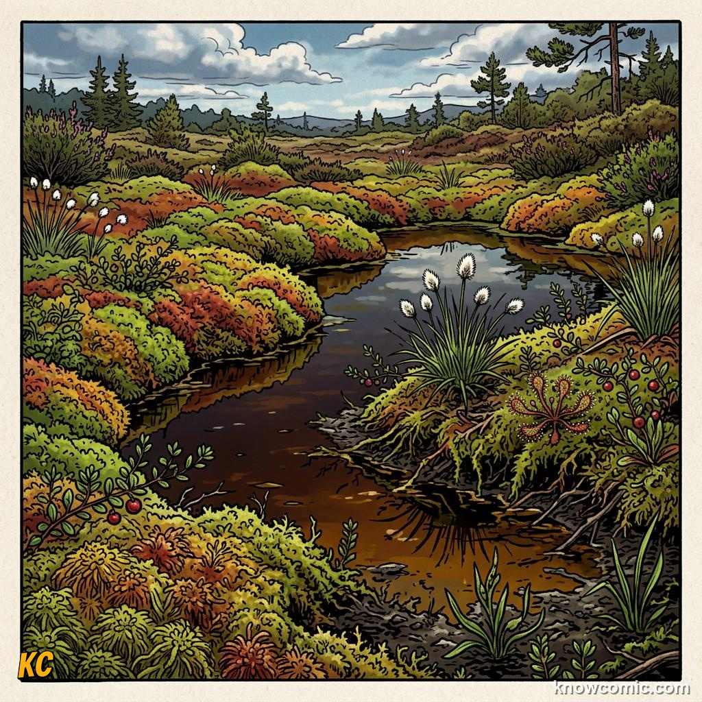 Comic panel about moss the ancient land pioneer: Acid Bog, educational kids illustration